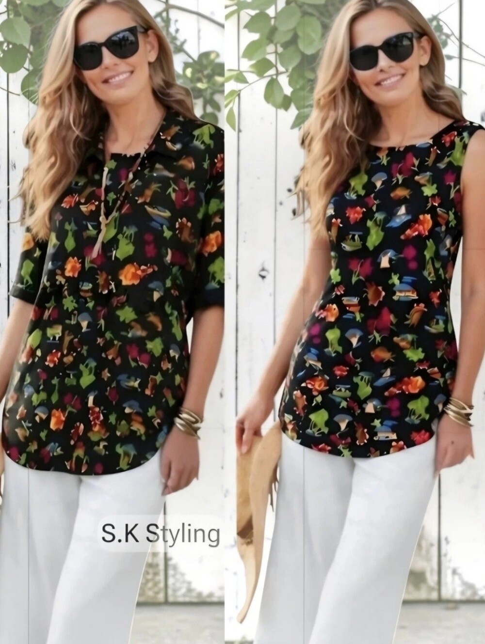Vtg 80's-90's CAROLE LITTLE 2pc Set Tank 22W Button-up Top 20W Colorful Tropical